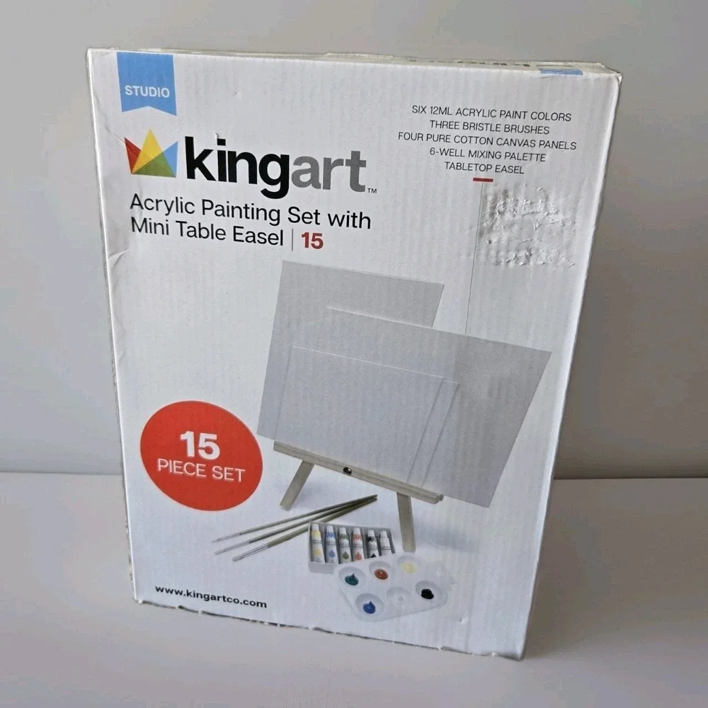 NEW KingArt Acrylic Painting 15 Piece Set Mini Easel 6 Acrylic Paints 3 Brushes